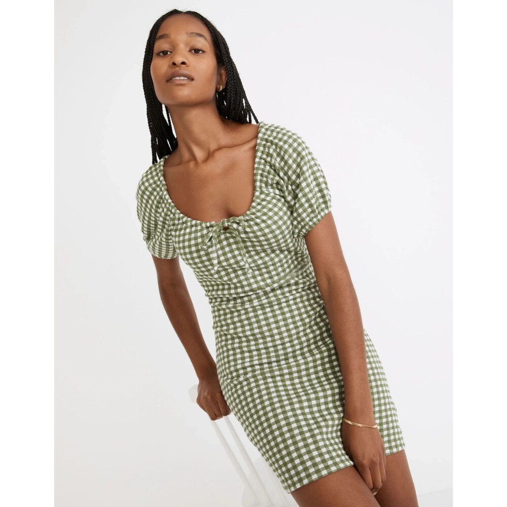 Madewell Jacquard Puff-Sleeve Mini Dress Gingham Check Womens Size S - Picture 13 of 13